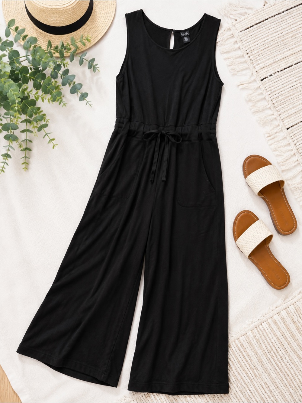 Nicole Miller Black Sleeveless Scuba knit Wide-Leg Drawstring Jumpsuit